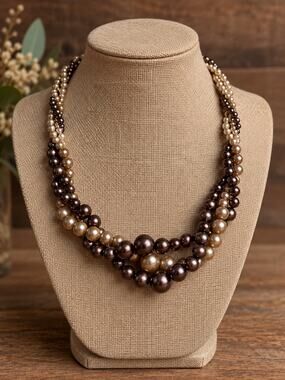 RMN Brown Bronze Faux Pearl Multi Strand Statement Necklace Chunky Beaded